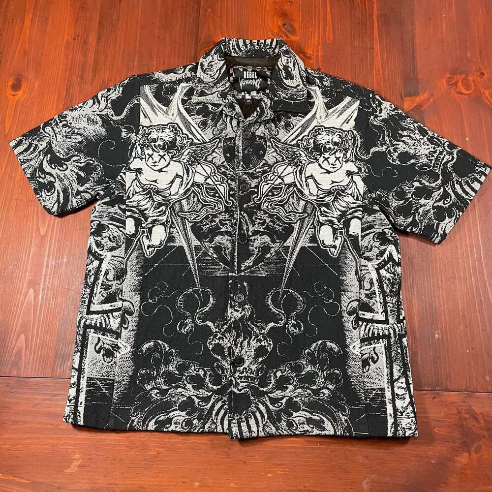 Rebel Black White Print Short Sleeve Shirt Size M
